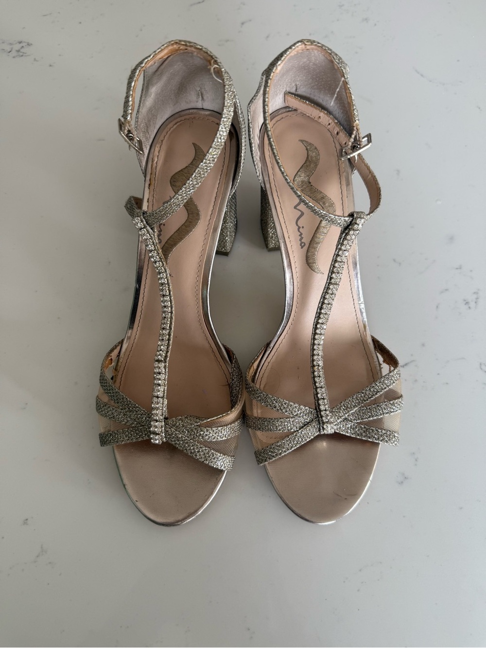 Nina Sparkling Gold T-Strap Block Heel Sandals